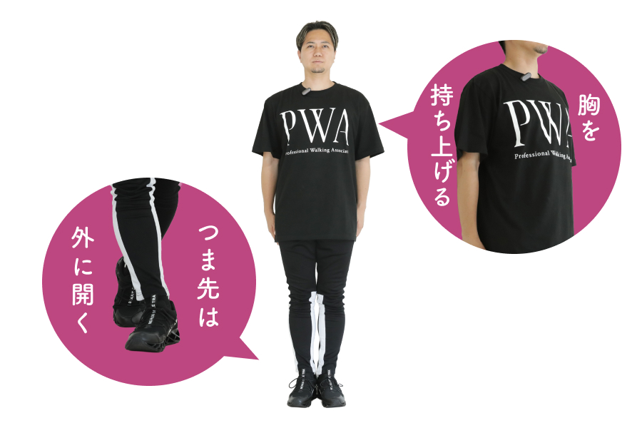 1.おへそをへこませて、肩を後ろに落とす。つま先を外に開く。