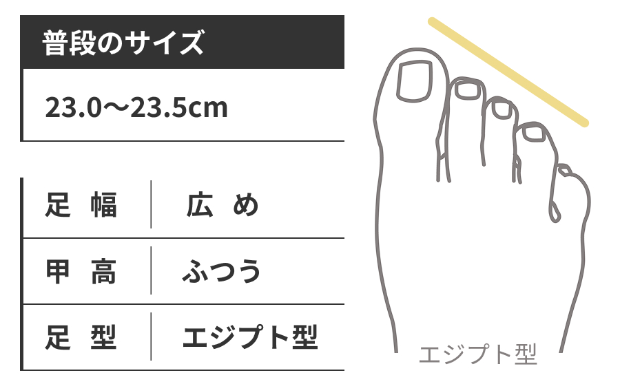 山田（芽）（普段のサイズ：23.0～23.5cm,足幅：広め,甲高：ふつう,足形：エジプト型）