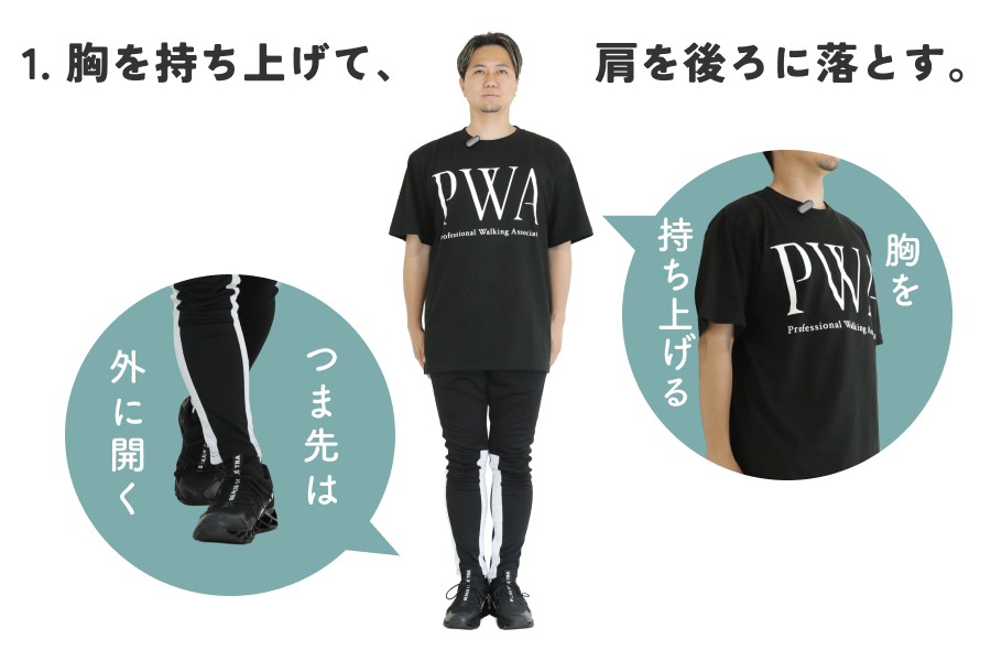 1.おへそをへこませて、肩を後ろに落とす。つま先を外に開く。